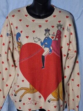 Whimsical King & Queen of Hearts Graphic Knit Sweater Size XL